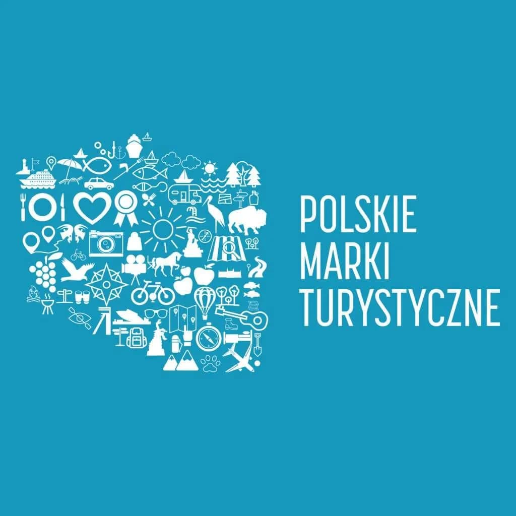 A blue background features white outline icons forming the shape of Poland on the left, next to the white text "POLSKIE MARKI TURYSTYCZNE" on the right.